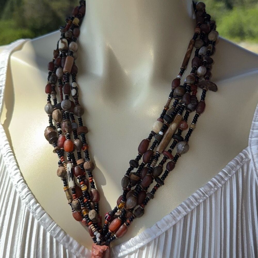 Vintage African Cast Brass Tribal Warrior Multiple Strand Tassel Pendant Necklac